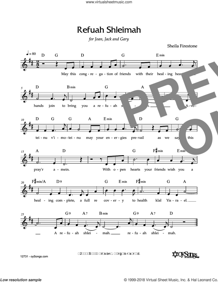 Refuah Shleimah sheet music for voice and other instruments (fake book) by Sheila Firestone, intermediate skill level