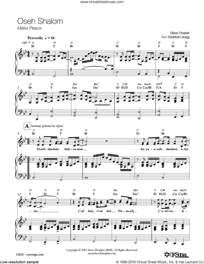 Oseh Shalom sheet music for voice, piano or guitar by Steve Dropkin, intermediate skill level