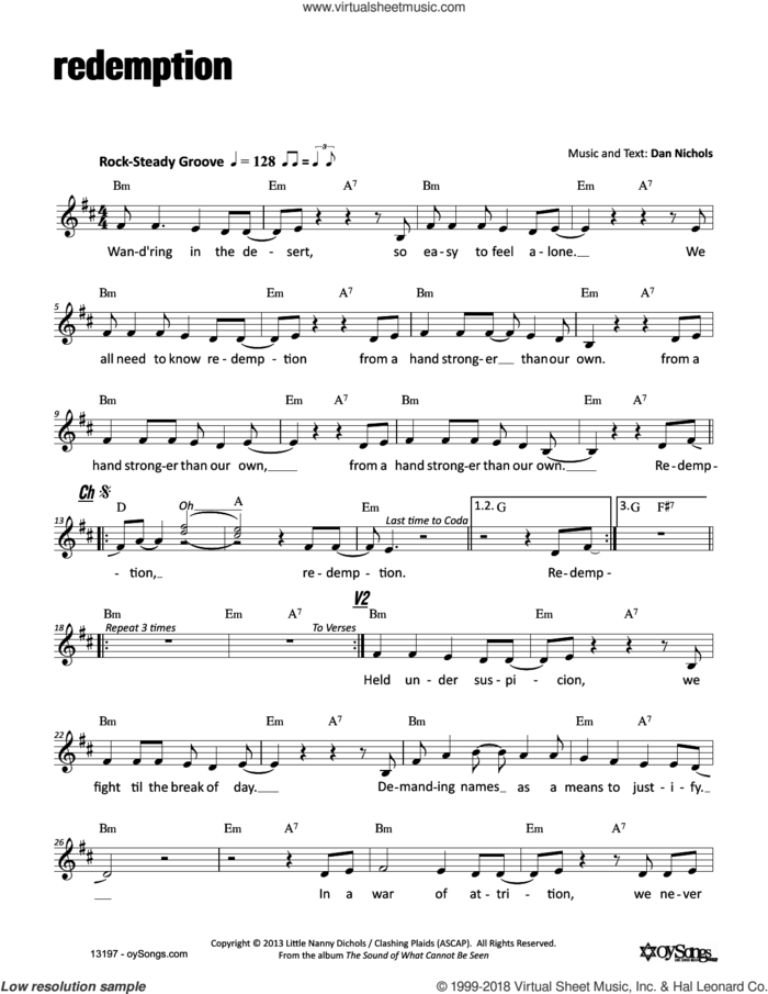 Redemption sheet music for voice and other instruments (fake book) by Dan Nichols, intermediate skill level