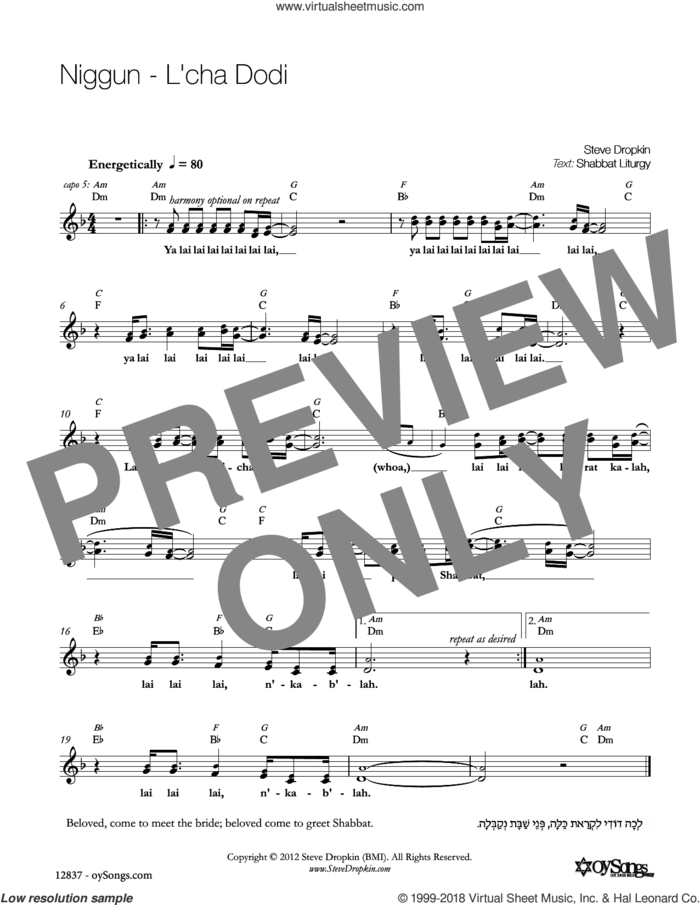 Niggun - L'chah Dodi sheet music for voice and other instruments (fake book) by Steve Dropkin, intermediate skill level