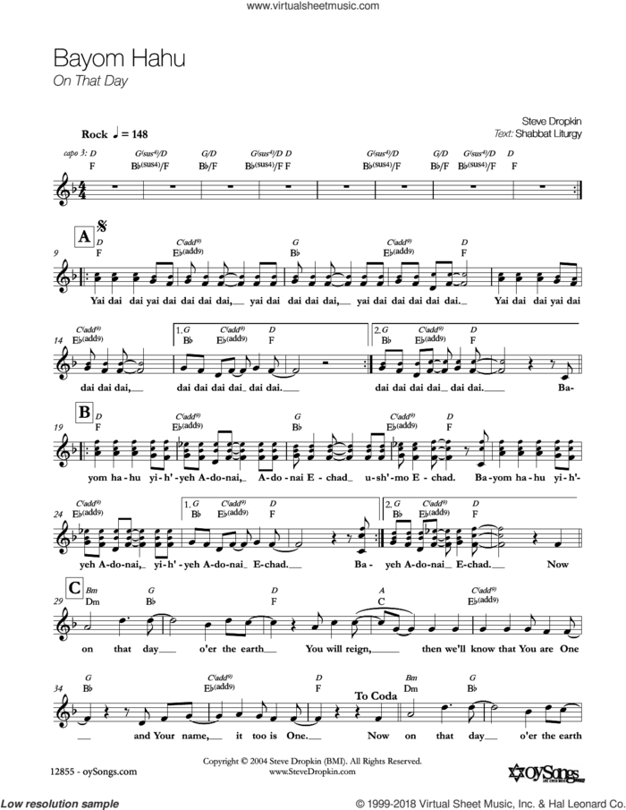 Bayom Hahu sheet music for voice and other instruments (fake book) by Steve Dropkin, intermediate skill level