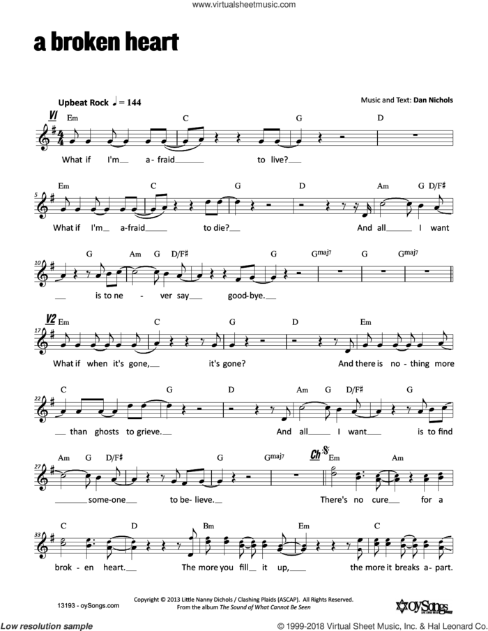A Broken Heart sheet music for voice and other instruments (fake book) by Dan Nichols, intermediate skill level