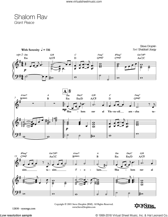 Shalom Rav sheet music for voice, piano or guitar by Steve Dropkin, intermediate skill level