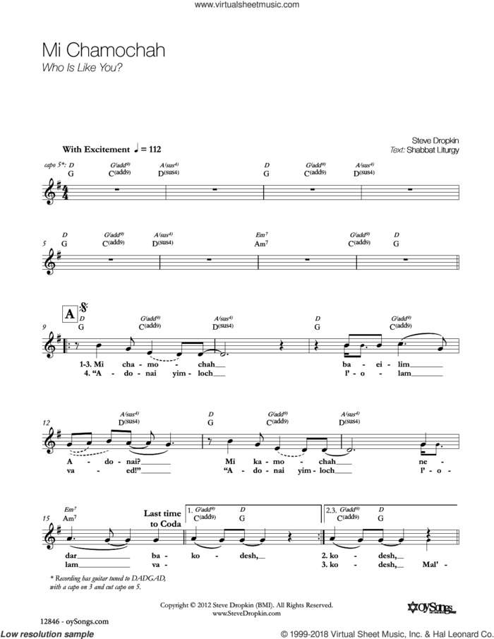Mi Chamochah sheet music for voice and other instruments (fake book) by Steve Dropkin, intermediate skill level