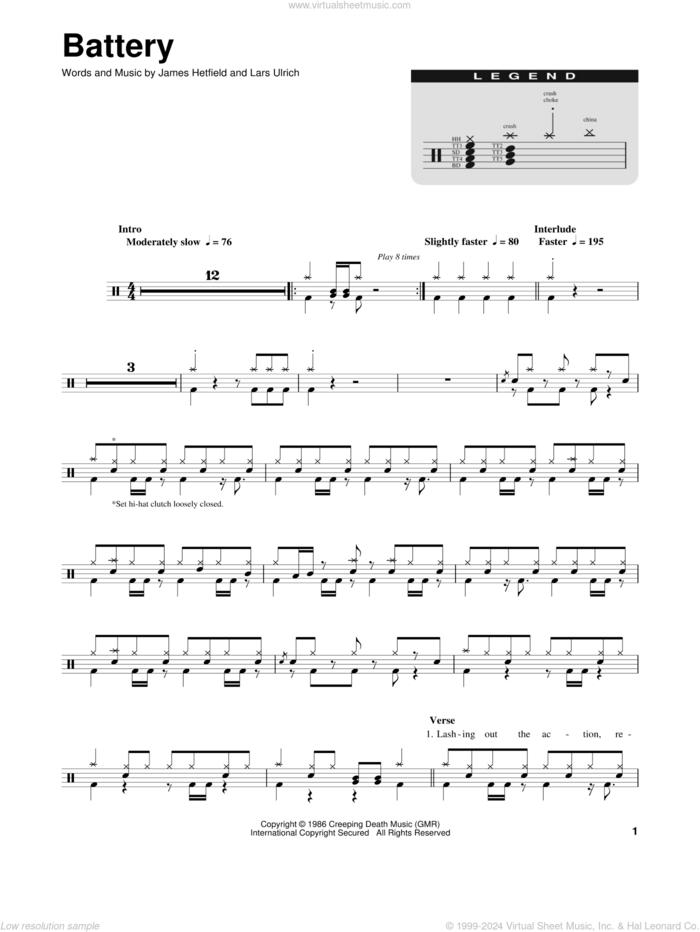 Battery sheet music for drums by Metallica, James Hetfield and Lars Ulrich, intermediate skill level