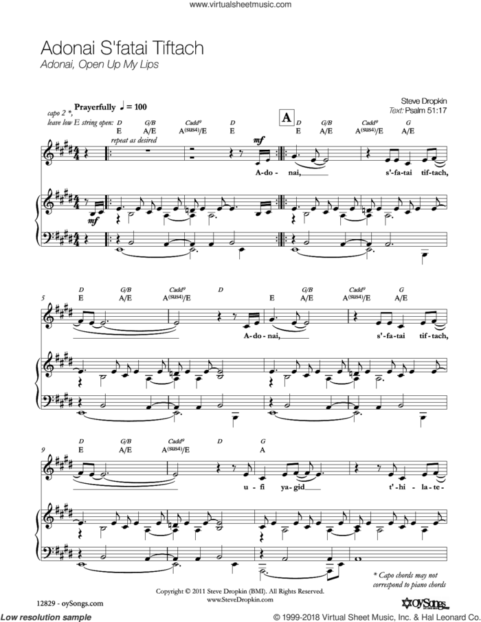 Adonai S'fatai Tiftach sheet music for voice, piano or guitar by Steve Dropkin, intermediate skill level
