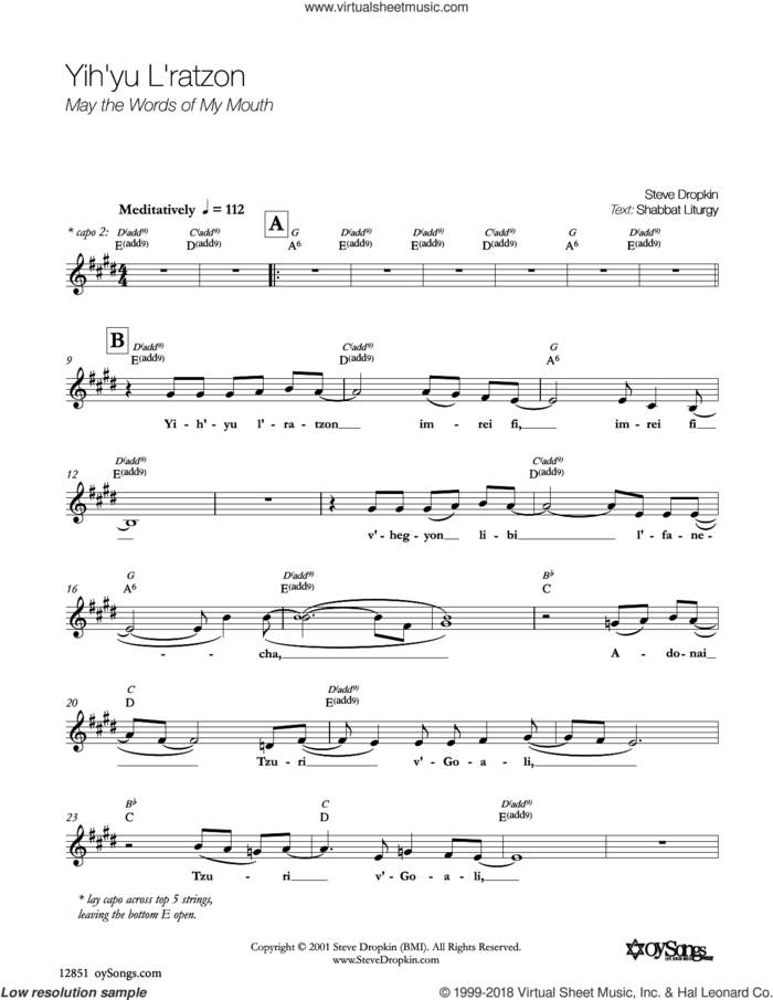 Yih'yu L'ratzon sheet music for voice and other instruments (fake book) by Steve Dropkin, intermediate skill level