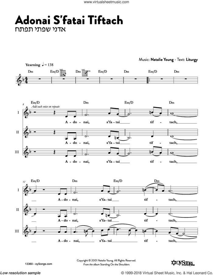 Adonai S'fatai Tiftach sheet music for voice and other instruments (fake book) by Natalie Young, intermediate skill level