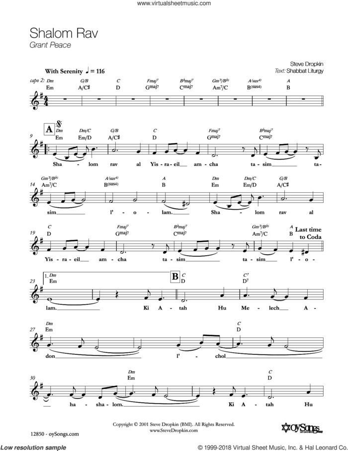 Shalom Rav sheet music for voice and other instruments (fake book) by Steve Dropkin, intermediate skill level