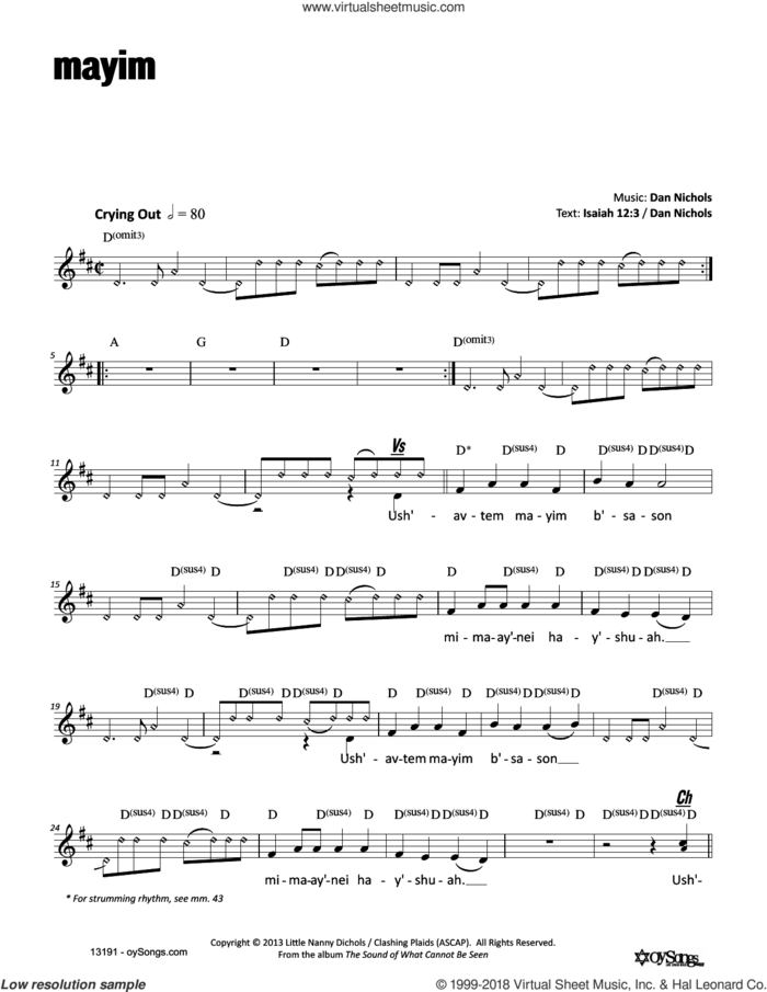 Mayim sheet music for voice and other instruments (fake book) by Dan Nichols, intermediate skill level