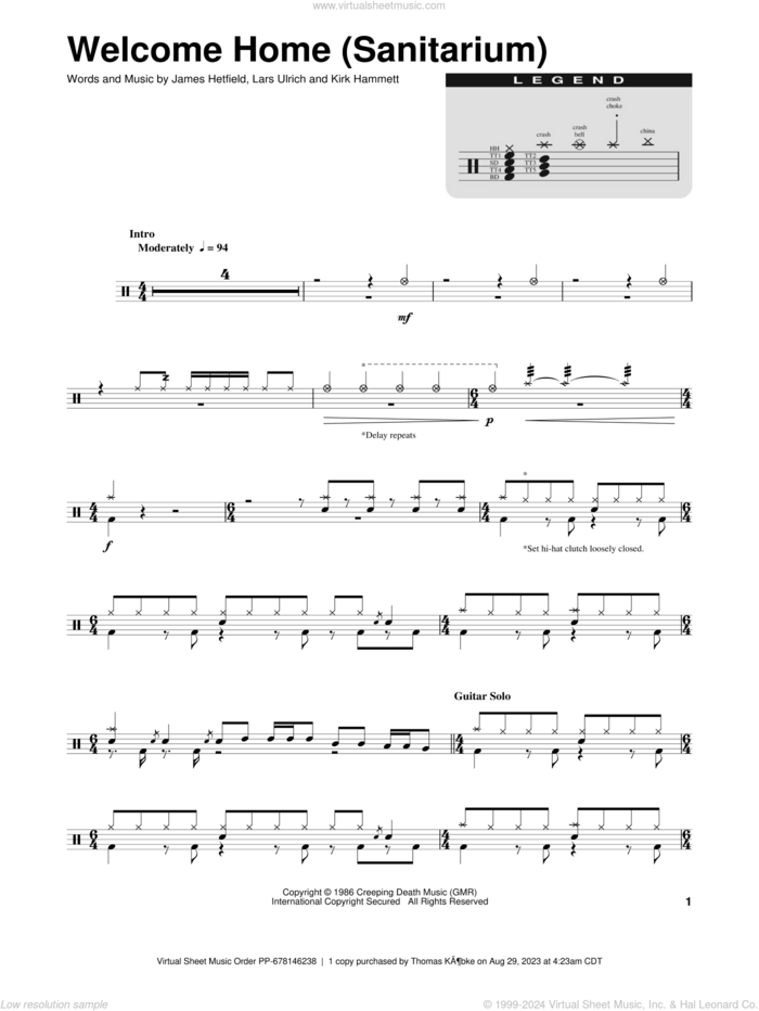 Welcome Home (Sanitarium) sheet music for drums by Metallica, James Hetfield, Kirk Hammett and Lars Ulrich, intermediate skill level