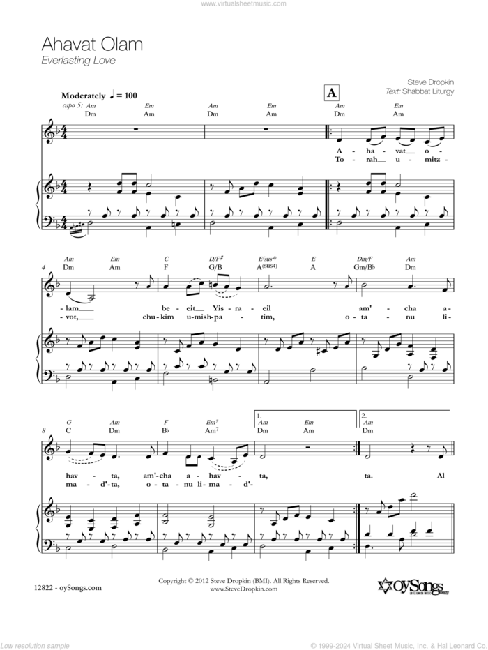 Ahavat Olam sheet music for voice, piano or guitar by Steve Dropkin, intermediate skill level