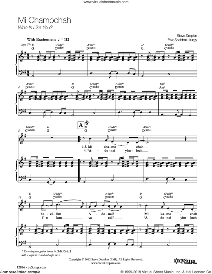 Mi Chamochah sheet music for voice, piano or guitar by Steve Dropkin, intermediate skill level