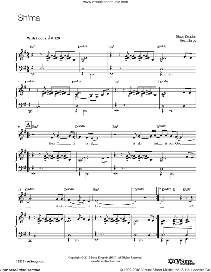 Sh'ma sheet music for voice, piano or guitar by Steve Dropkin, intermediate skill level