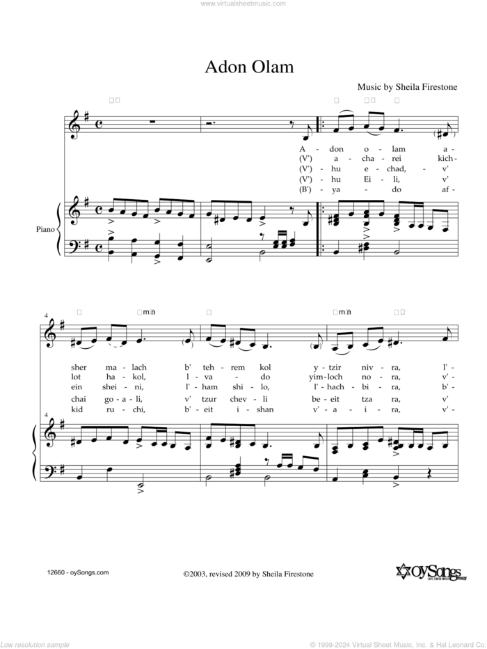 Adon Olam sheet music for voice, piano or guitar by Sheila Firestone, intermediate skill level