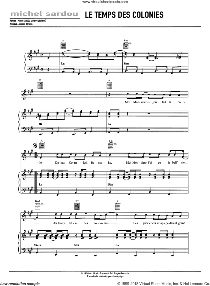 Le Temps Des Colonies sheet music for voice, piano or guitar by Michel Sardou and Jacques Revaux, intermediate skill level