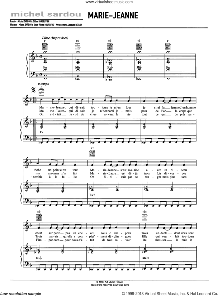 Marie-Jeanne sheet music for voice, piano or guitar by Michel Sardou, Didier Barbelivien, Jacques Revaux and Jean-Pierre Bourtayre, intermediate skill level