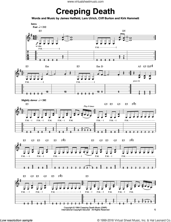 Creeping Death sheet music for guitar (tablature, play-along) by Metallica, Cliff Burton, James Hetfield, Kirk Hammett and Lars Ulrich, intermediate skill level