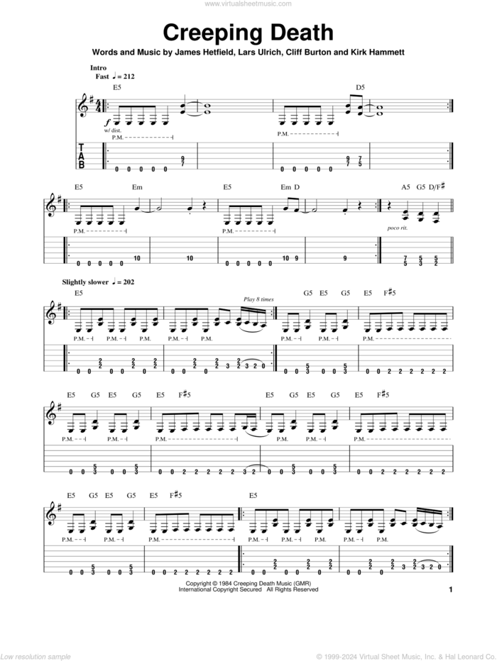 Creeping Death sheet music for guitar (tablature, play-along) by Metallica, Cliff Burton, James Hetfield, Kirk Hammett and Lars Ulrich, intermediate skill level