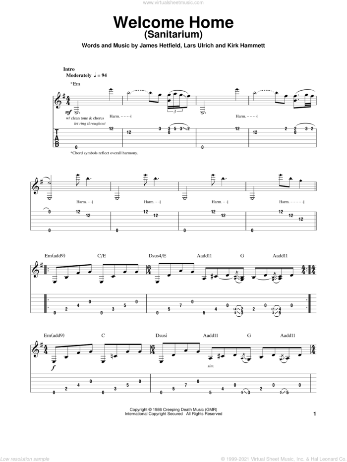 Welcome Home (Sanitarium) sheet music for guitar (tablature, play-along) by Metallica, James Hetfield, Kirk Hammett and Lars Ulrich, intermediate skill level