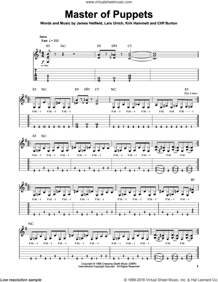 Master Of Puppets sheet music for guitar (tablature, play-along) by Metallica, Cliff Burton, James Hetfield, Kirk Hammett and Lars Ulrich, intermediate skill level