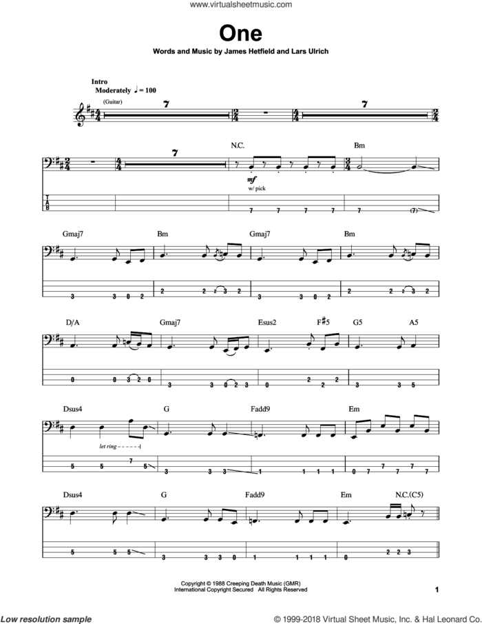 One sheet music for bass (tablature) (bass guitar) by Metallica, James Hetfield and Lars Ulrich, intermediate skill level