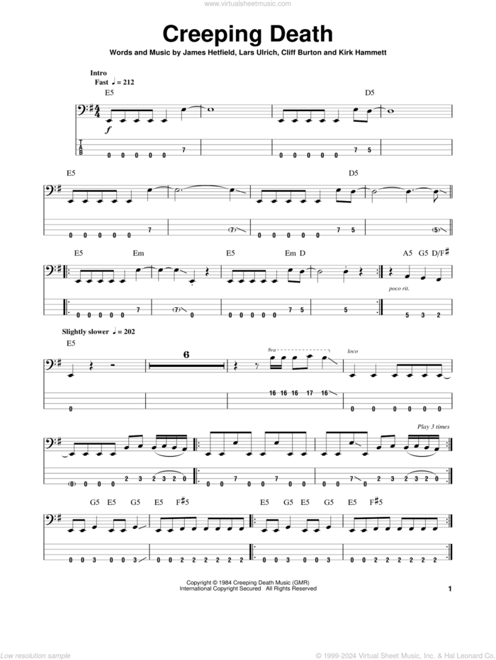 Creeping Death sheet music for bass (tablature) (bass guitar) by Metallica, Cliff Burton, James Hetfield, Kirk Hammett and Lars Ulrich, intermediate skill level