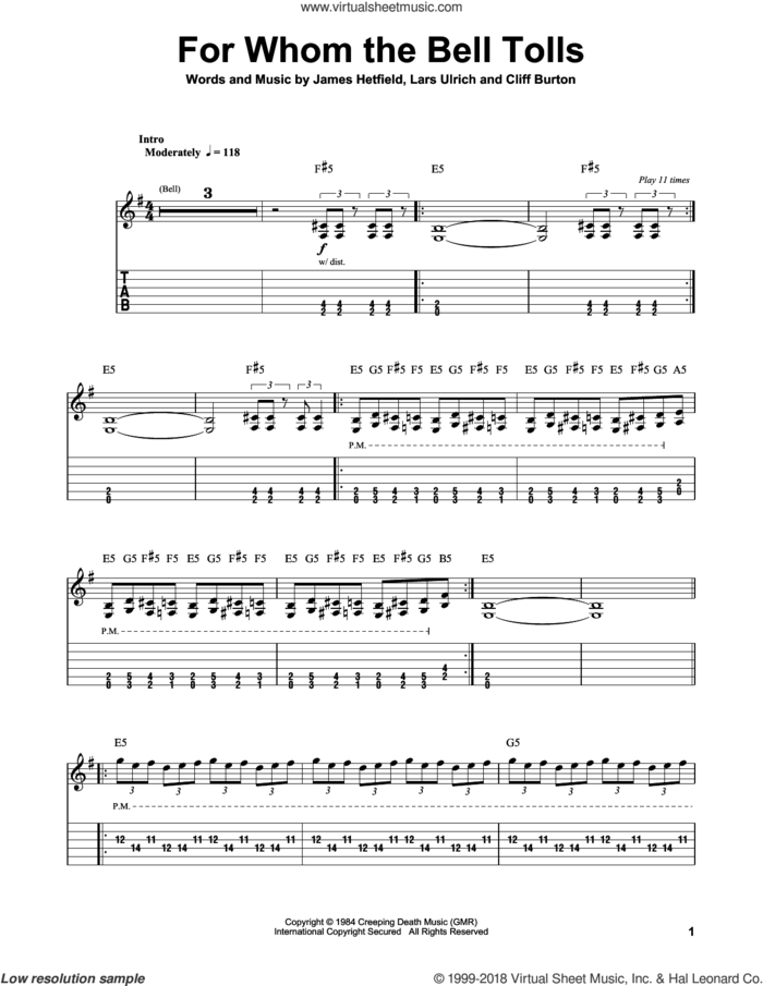 For Whom The Bell Tolls sheet music for guitar (tablature, play-along) by Metallica, Cliff Burton, James Hetfield and Lars Ulrich, intermediate skill level