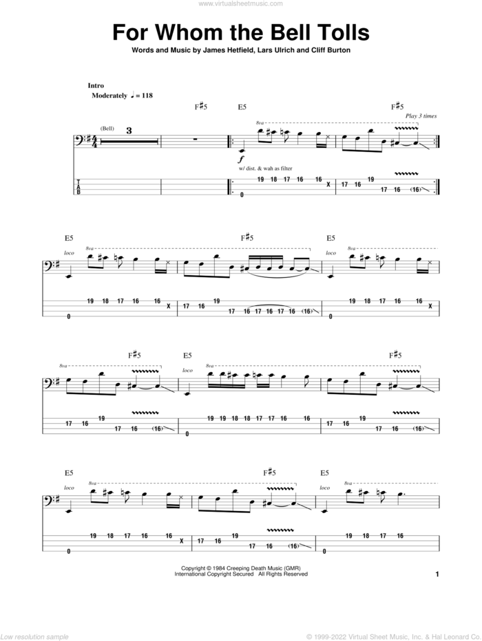 For Whom The Bell Tolls sheet music for bass (tablature) (bass guitar) by Metallica, Cliff Burton, James Hetfield and Lars Ulrich, intermediate skill level