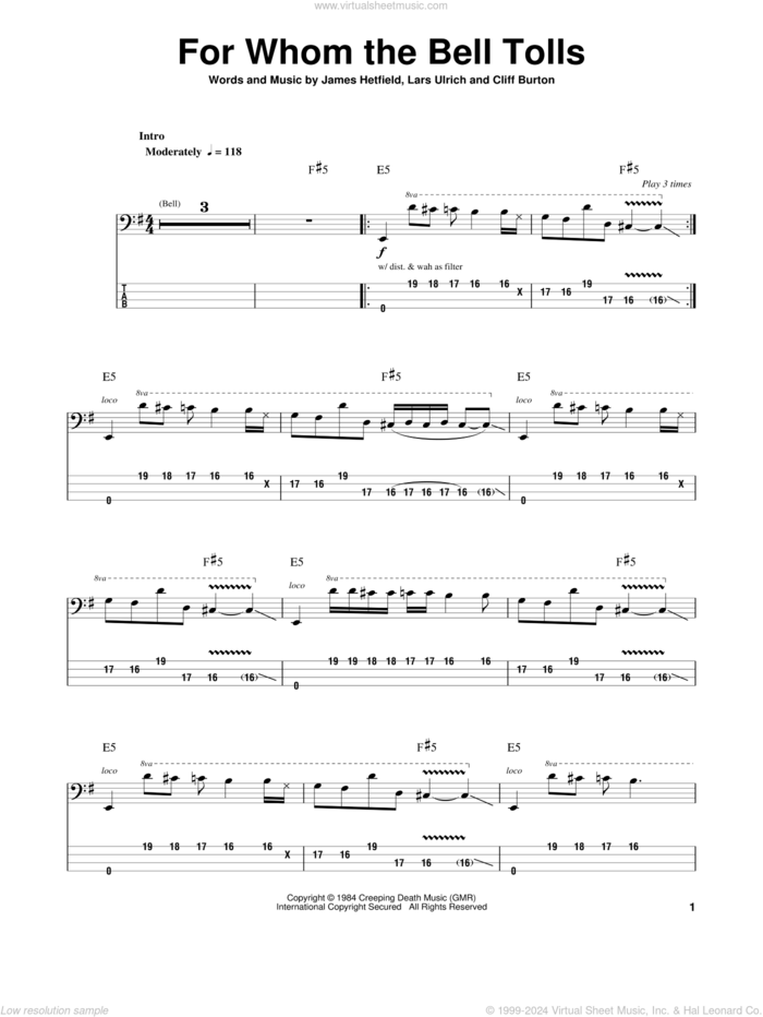 For Whom The Bell Tolls sheet music for bass (tablature) (bass guitar) by Metallica, Cliff Burton, James Hetfield and Lars Ulrich, intermediate skill level