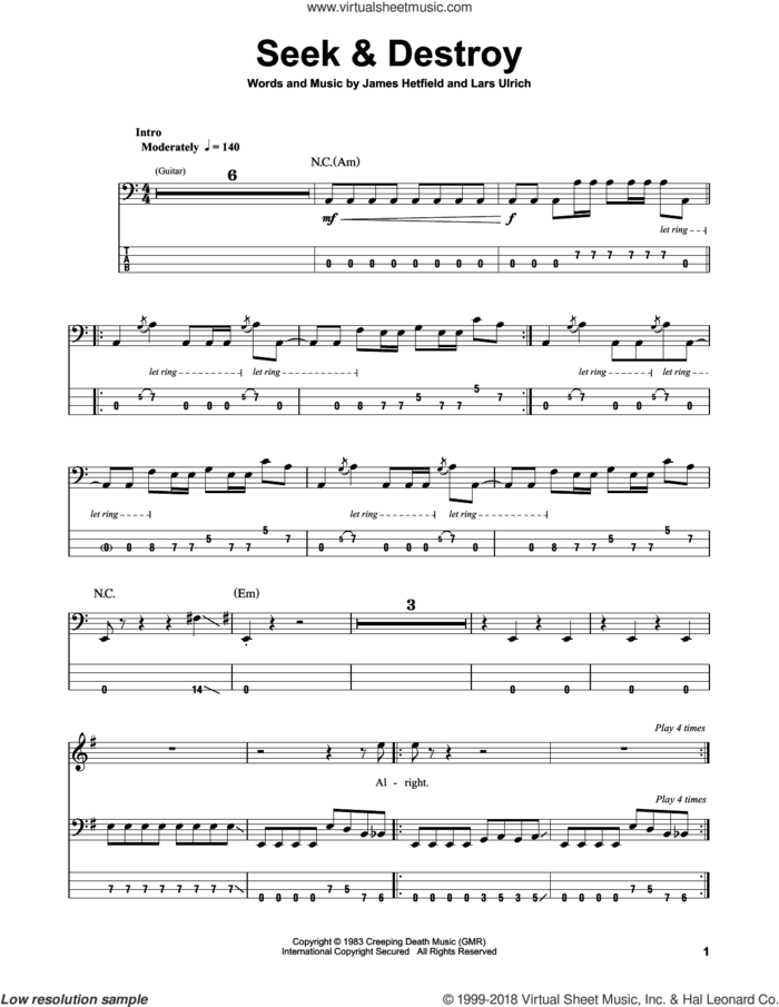 Seek and Destroy sheet music for bass (tablature) (bass guitar) by Metallica, James Hetfield and Lars Ulrich, intermediate skill level