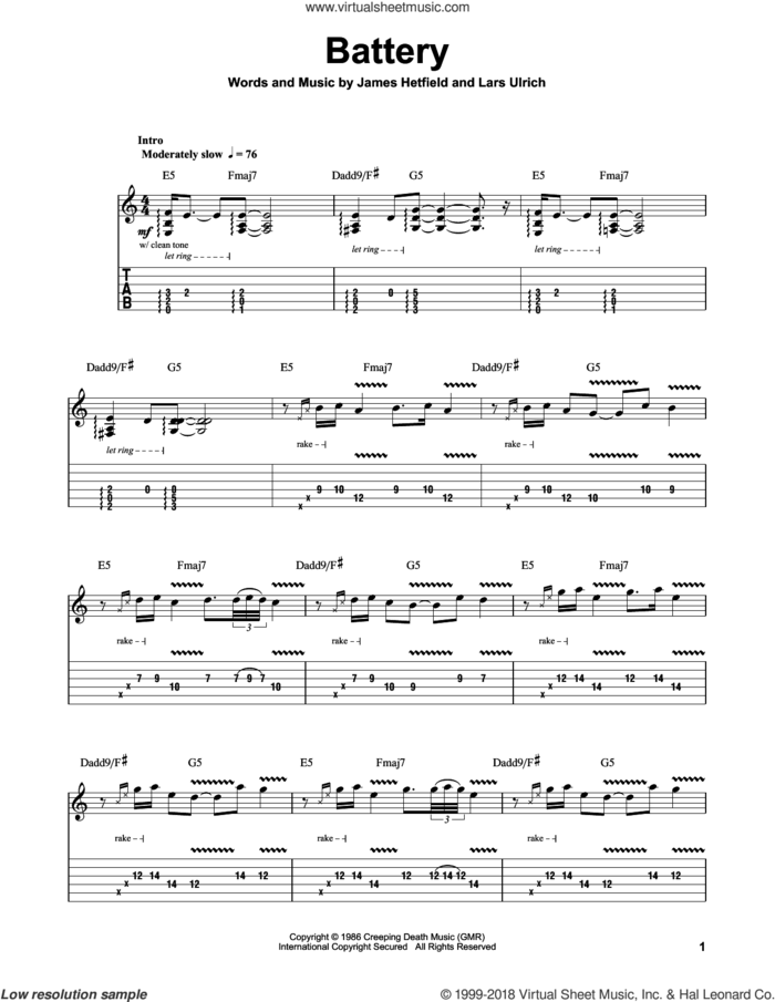 Battery sheet music for guitar (tablature, play-along) by Metallica, James Hetfield and Lars Ulrich, intermediate skill level