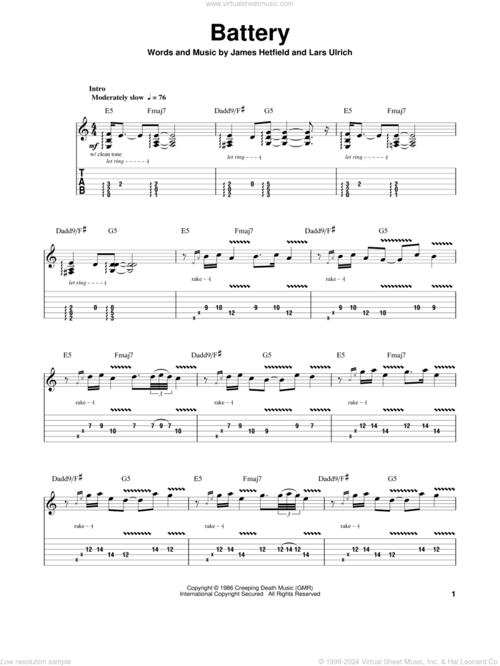 Battery sheet music for guitar (tablature, play-along) by Metallica, James Hetfield and Lars Ulrich, intermediate skill level