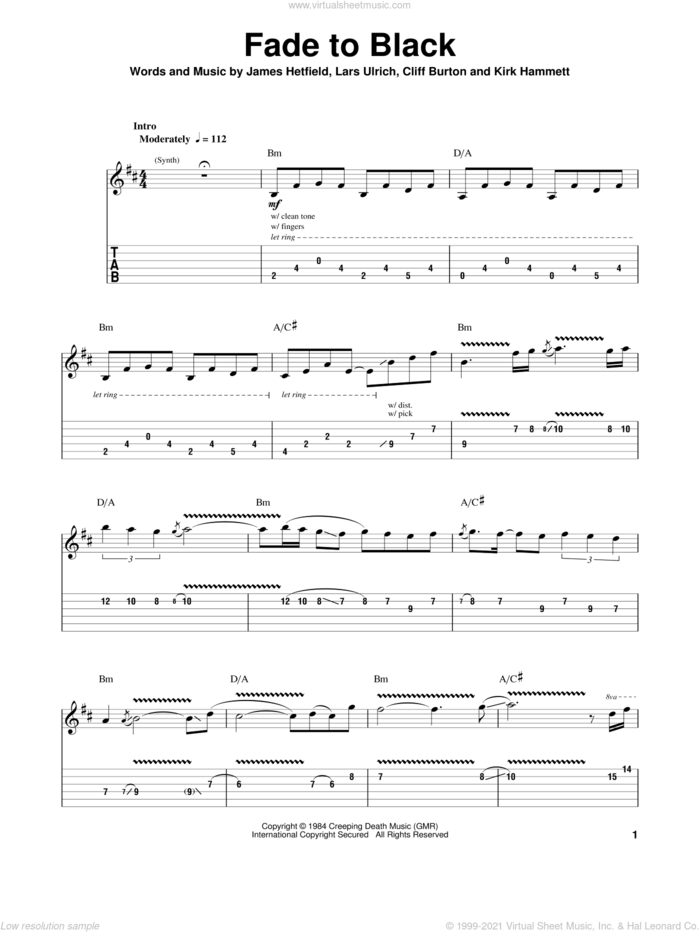 Fade To Black sheet music for guitar (tablature, play-along) by Metallica, Cliff Burton, James Hetfield, Kirk Hammett and Lars Ulrich, intermediate skill level