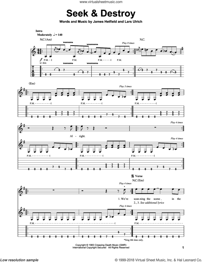 Seek and Destroy sheet music for guitar (tablature, play-along) by Metallica, James Hetfield and Lars Ulrich, intermediate skill level