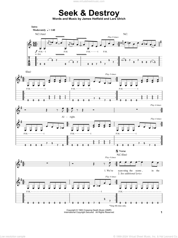 Seek and Destroy sheet music for guitar (tablature, play-along) by Metallica, James Hetfield and Lars Ulrich, intermediate skill level