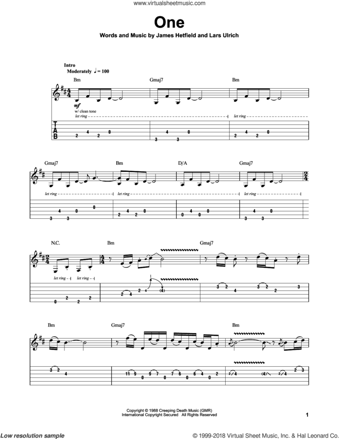 One sheet music for guitar (tablature, play-along) by Metallica, James Hetfield and Lars Ulrich, intermediate skill level