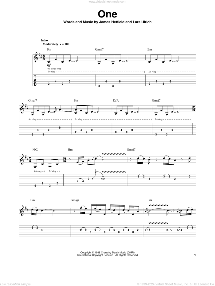 One sheet music for guitar (tablature, play-along) by Metallica, James Hetfield and Lars Ulrich, intermediate skill level