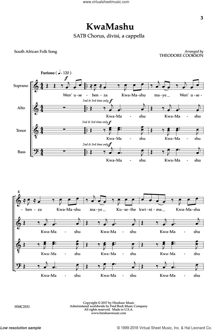 KwaMashu sheet music for choir (SATB: soprano, alto, tenor, bass) by Theodore Cookson, intermediate skill level