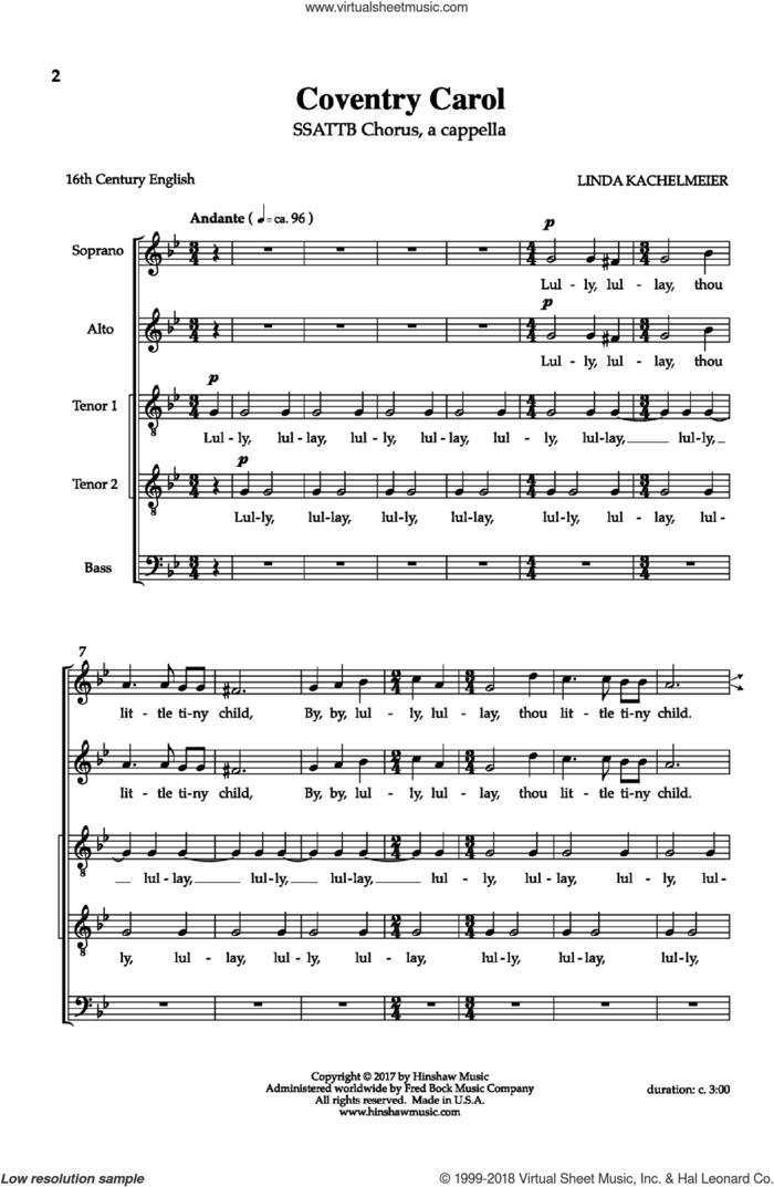 Coventry Carol sheet music for choir (SSATTB) by Linda Kachelmeier, intermediate skill level