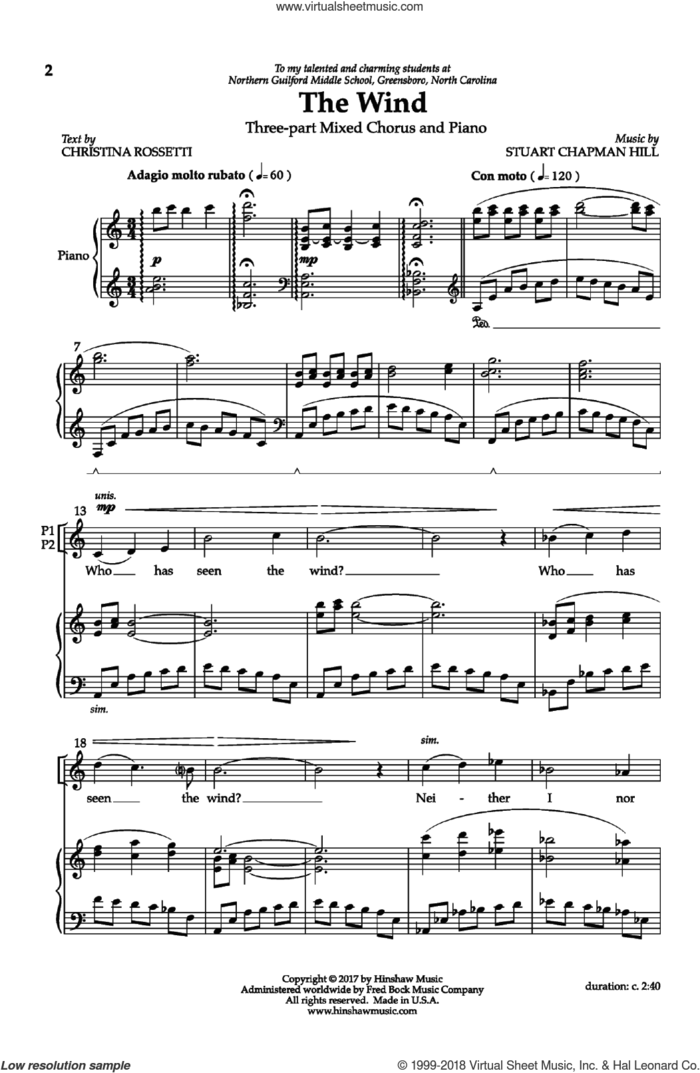 The Wind sheet music for choir (3-Part Mixed) by Christina Rossetti and Stuart Chapman Hill, intermediate skill level