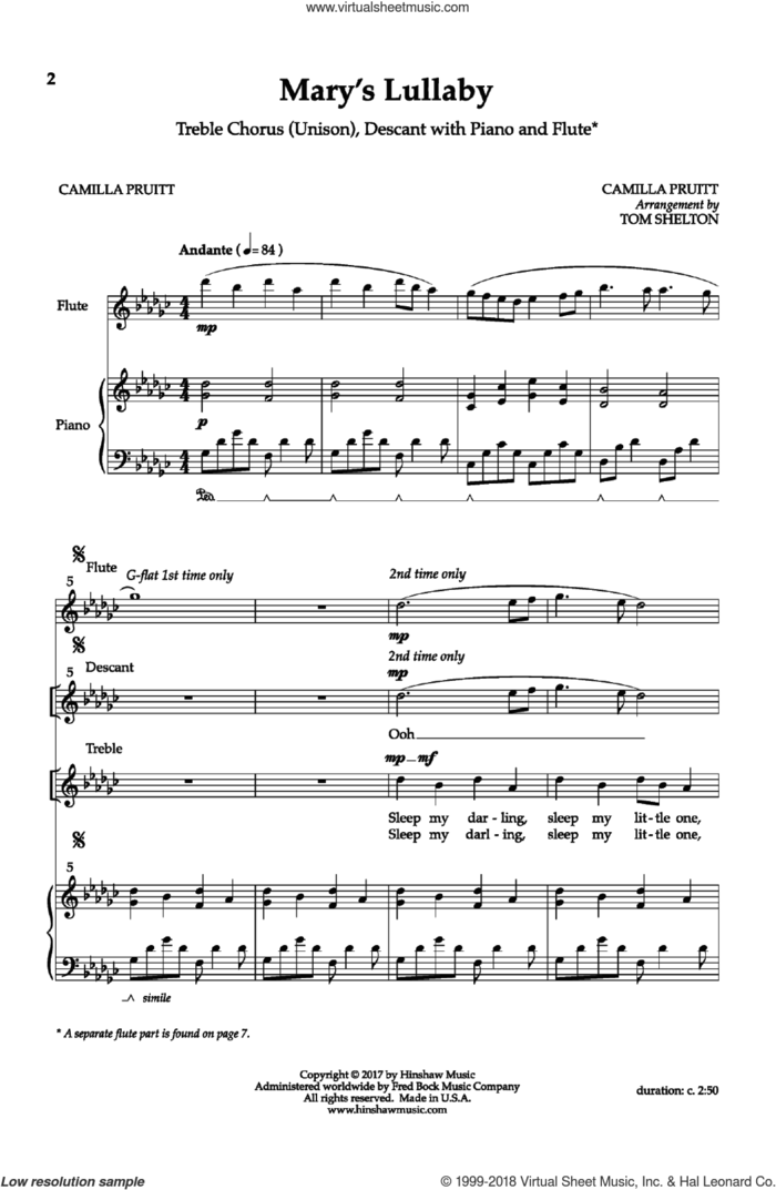 Mary's Lullaby sheet music for choir (Unison) by Camilla Pruitt and Tom Shelton, intermediate skill level