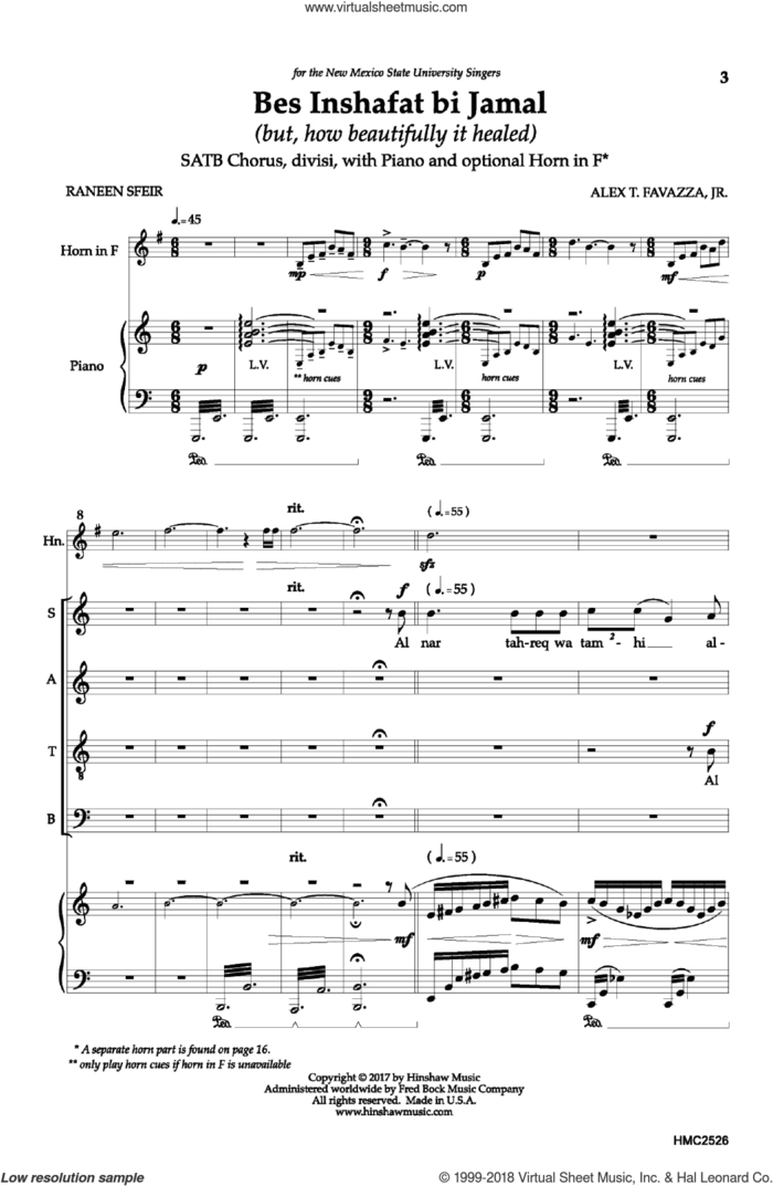 Bes Inshafat bi Jamal (but, how beautifully it healed) sheet music for choir (SATB: soprano, alto, tenor, bass) by Alex T. Favazza and Raneen Sfeir, intermediate skill level
