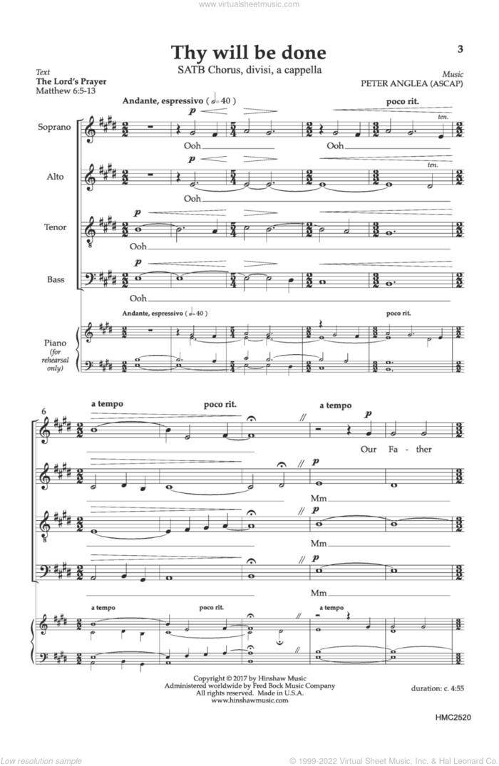 Thy Will Be Done sheet music for choir (SATB: soprano, alto, tenor, bass) by Peter Anglea, intermediate skill level