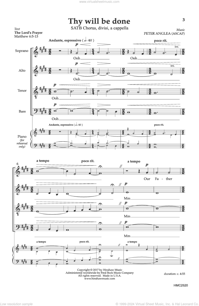 Thy Will Be Done sheet music for choir (SATB: soprano, alto, tenor, bass) by Peter Anglea, intermediate skill level