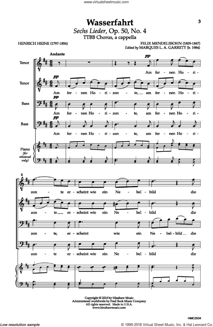Wasserfahrt sheet music for choir by Felix Mendelssohn-Bartholdy and Marques L.A Garrett, intermediate skill level