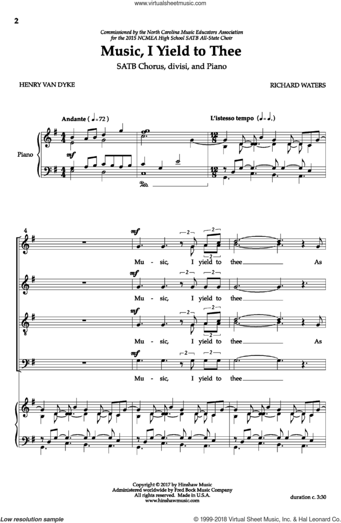 Music, I Yield to Thee sheet music for choir (SATB: soprano, alto, tenor, bass) by Richard Waters and Henry van Dyke, intermediate skill level