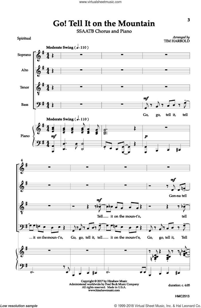 Go! Tell It on the Mountain sheet music for choir (SSAATB) by Tim Harbold, intermediate skill level
