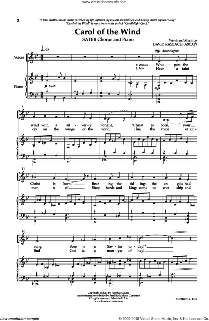 Carol Of The Wind sheet music for choir (SATBB) by David Rasbach, intermediate skill level