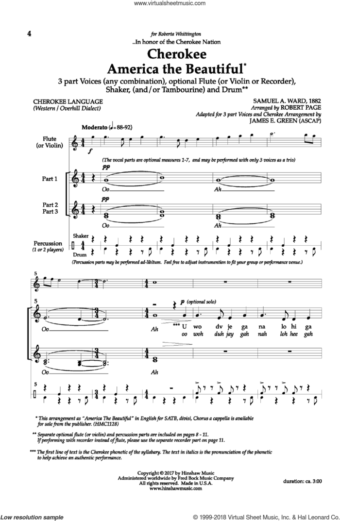 Cherokee America the Beautiful sheet music for choir (3-Part) by Robert Page, James E. Green and Samuel Augustus Ward, intermediate skill level
